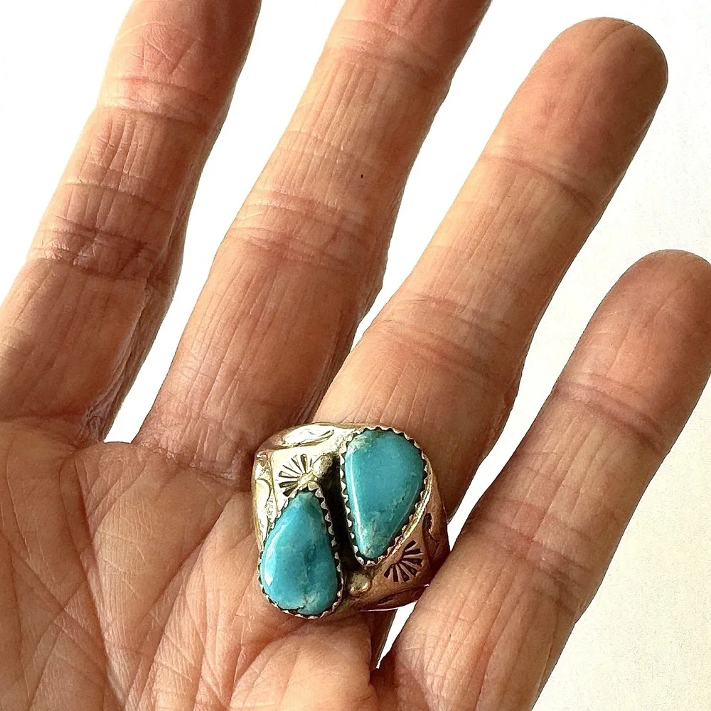 Mens Turquoise Navajo Band Sz 12.5 Two Stone Ring 21mm Signed ML Handmade Native